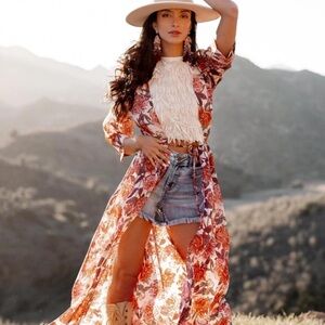 Floral Maxi Kimono Duster - Rust & Cream